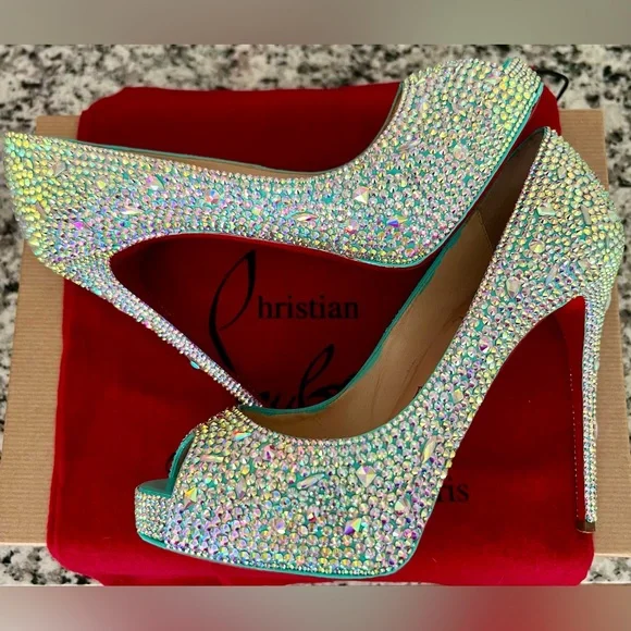 Christian Louboutin Tiffany Blue Swarovski Crystal Heels Prive 120 Size 37 or 7 - Picture 4 of 7